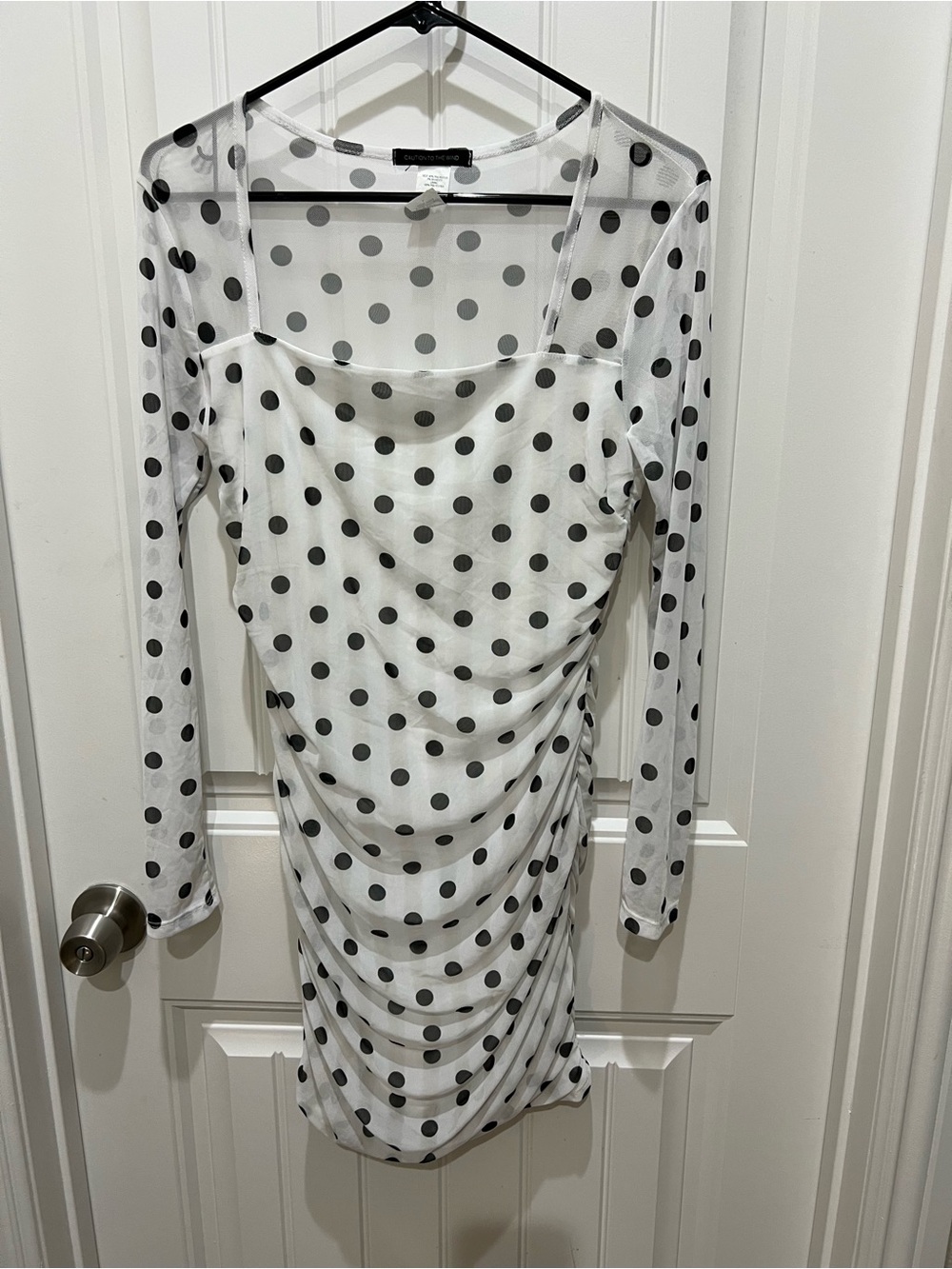 Caution To The Wind White Sheer Polka Dot Long Sleeve Ruched Dress